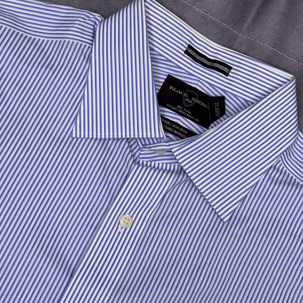 Black Brown 1826 Dress Shirt Mens 16.5 34 Blue Striped Excellent Non-Iron Cotton
